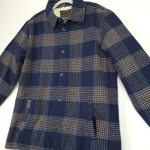 Jachs NY Sherpa Lined Blue Plaid‎ Shirt Jacket Wool Blend Men L Buttons Pockets - Picture 5 of 16